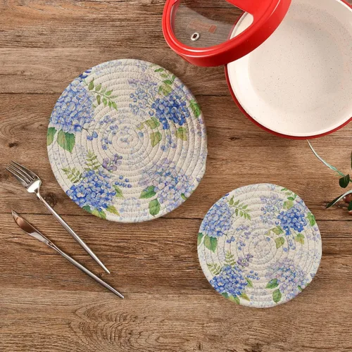 Vista 2 de susiyo Juego de 2 soportes para ollas de hortensias azules, juego de 2 soportes calientes de algodón para cocinar