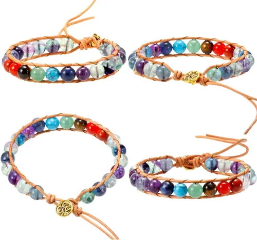 Vista 5 de TUMBEELLUWA Pulsera de cuentas de piedra tejida con cordón de cuero, estilo bohemio, cristal curativo, joyería hecha a mano para mujeres y hombres