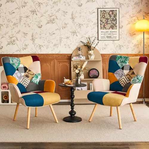 Vista 3 de Silla de Acento, Silla de Sala de Estar, Sillón Moderno de Respaldo Alto, Sillas de Lectura de Patchwork Colorido para Dormitorio, Silla de Descanso