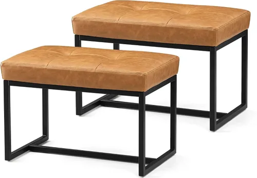 Vista 15 de Glitzhome Banco otomano, sillas modernas de piel sintética con marco de metal, taburete de maquillaje, taburete acolchado para sala de estar Negro