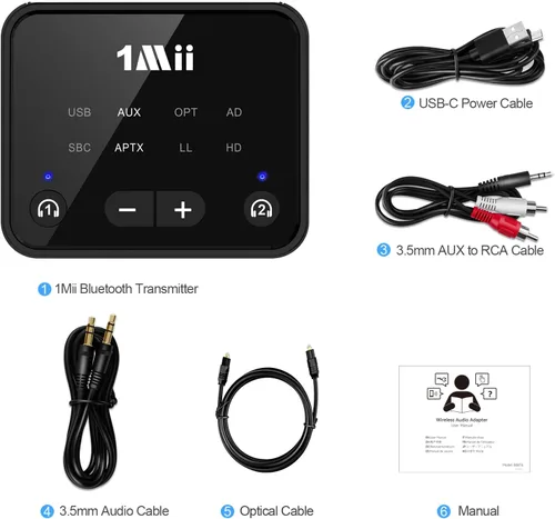 Vista 7 de 1Mii Transmisor Bluetooth 5.3 para TV a 2 auriculares inalámbricos, adaptador Bluetooth de largo alcance de 100 pies para TV aptX Adaptive y control