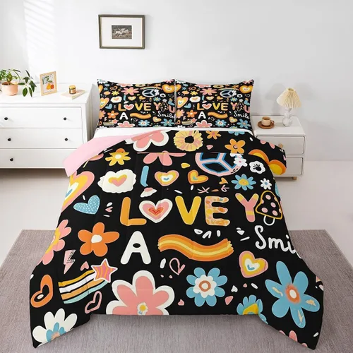 Vista 12 de Juego de ropa de cama floral retro, tamaño individual, vintage de los años 70 y 60, juego de edredón para niños, adultos y adolescentes, juego