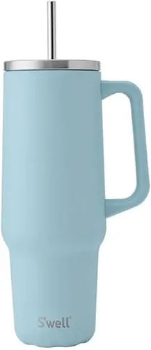 Vista 11 de S'well Vaso de acero inoxidable reciclado XL con popote y asa, 40 onzas, azurita, contenedor aislado al vacío de triple capa mantiene las bebidas