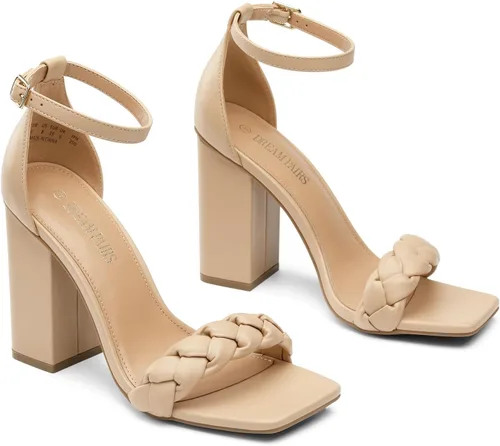 Vista 4 de DREAM PAIRS - Sandalias de tacón cuadrado para mujer, con tira trenzada de tobillo y punta abierta, zapatos de tacón alto para fiestas, bodas