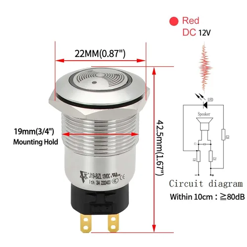 Vista 5 de Luz LED Roja Zumbador 12V 19mm Luz de Alarma Indicador Lámpara de Señal Piloto de Acero Inoxidable 0.75" Agujero de Montaje con Sonido de 85dB