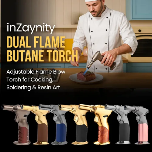 Vista 7 de Antorcha de Butano de Doble Llama - Soplete de Mano Recargable para Cocinar, Soldar y Arte de Resina con Llama Ajustable y Bloqueo de Encendido