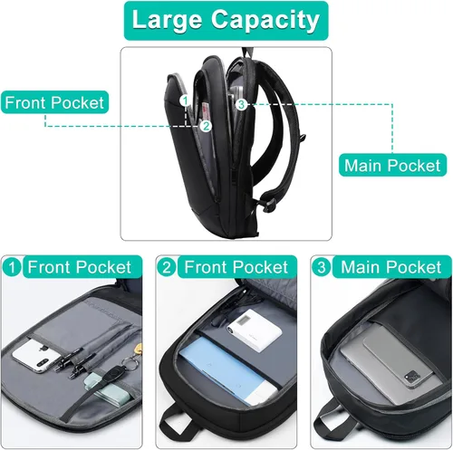 Vista 4 de hk Mochila de negocios para hombres de 17 pulgadas, delgada y expandible, impermeable, mochila de viaje para laptop con puerto de cargador USB, Negro