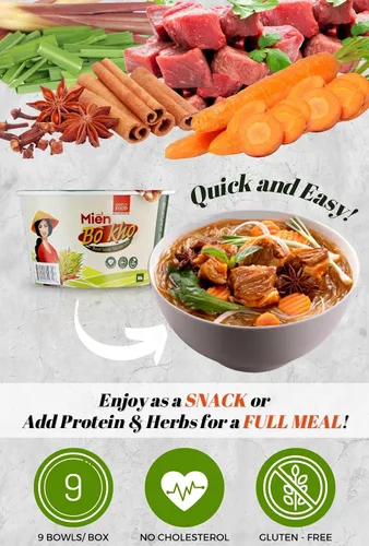 Vista 4 de SIMPLY FOOD Fideos instantáneos de vidrio para estofado de carne vietnamita (Miến Bò Kho Tô) – 9 tazones/1.94 oz cada uno – Deliciosos fideos