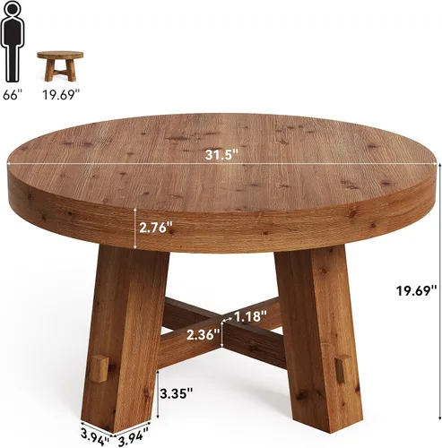 Vista 2 de Mesa auxiliar redonda de 31.5 pulgadas, mesa central de madera maciza con mesa gruesa (marrón claro)