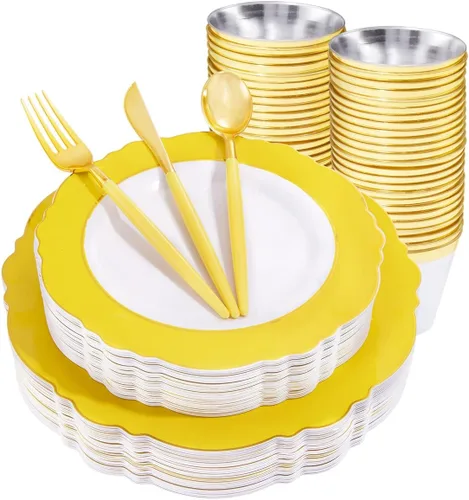 Vista 13 de WDF 30 Invitados - Platos de plástico negro y dorado, platos de Año Nuevo, cubiertos de plástico dorado con mango negro, vajilla desechable barroca