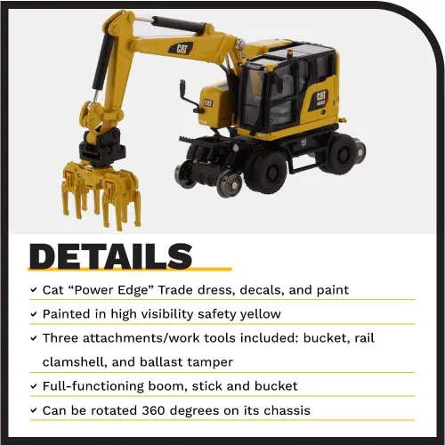 Vista 5 de Diecast Masters CAT Caterpillar M323F Excavadora de ruedas de ferrocarril con 3 accesorios High Line Series 1/87 (HO) Escala Diecast Modelo 85612