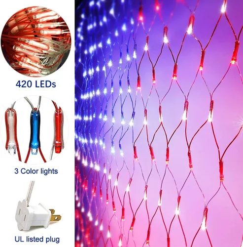 Vista 2 de Luces de red de bandera estadounidense, decoraciones del 4 de julio, 420 luces LED de bandera de Estados Unidos, adorno patriótico impermeable