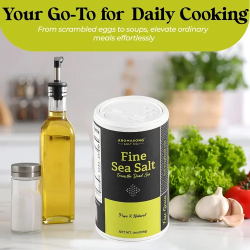 Vista 5 de Aromasong Sal marina 100% natural del mar muerto, sal de mesa de grano fino, 13 onzas. Salero de sal, 100% pura y natural, sin refinar, sin gluten