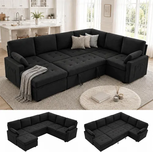 Vista 13 de Huatean Home Sofá extraíble de 82 pulgadas con almacenamiento, sofá cama, sofás modulares en forma de L de 5 asientos para sala de estar, felpilla