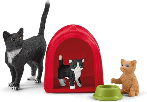 Vista 8 de Schleich Farm World - Juego de figuras de gatos y gatitos lindos - Juego de 9 piezas realistas de mamá gata y gatito bebé, juego grande para niños