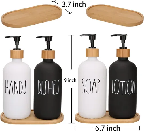 Vista 3 de Juego de 4 dispensadores de jabón y loción de manos y platos blanco y negro con bandeja para decoración de granja para baño y fregadero de cocina