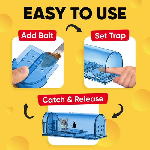 Vista 4 de Trampas para ratones Motel Mouse humanas sin matar, captura viva y liberación, reutilizables con cepillo de limpieza - Paquete de 4 Azul