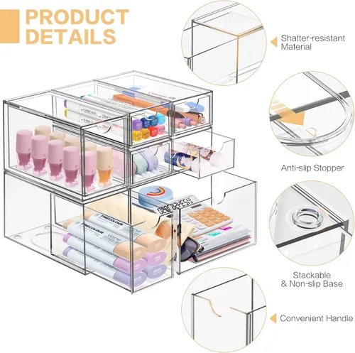 Vista 5 de Organizador de escritorio con 7 cajones, 7 paquetes de acrílico apilable, cajones de almacenamiento de escritorio, organizador de maquillaje, caja