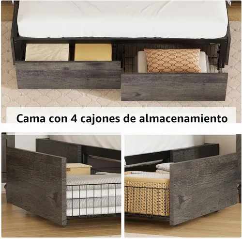 Vista 3 de LIKIMIO Base de cama Queen con 4 cajones de almacenamiento, color gris Gris carbón