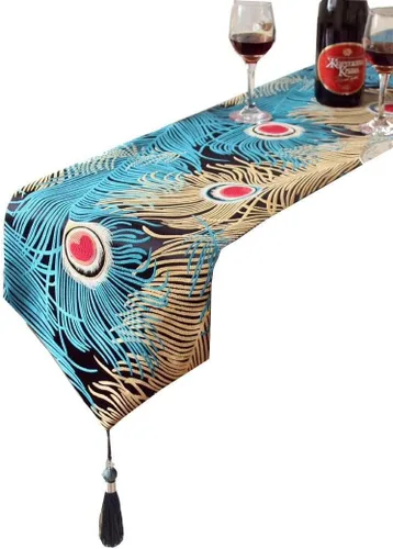 Vista 3 de Camino de mesa de pavo real con borlas, camino de pavo real jacquard para fiestas y bodas, camino de plumas de 13 x 90 pulgadas