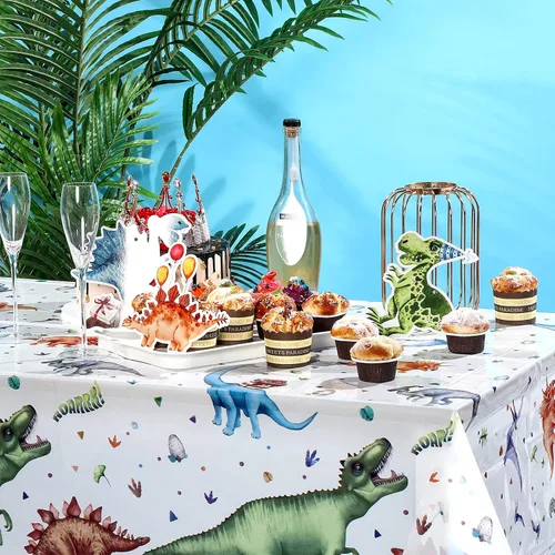 Vista 6 de Tatuo 3 manteles de dinosaurio de acuarela de 54 x 108 pulgadas, decoración de mesa de plástico de dinosaurio, desechable, impermeable, mantel
