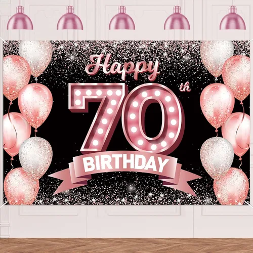 Vista 234 de Cartel de feliz cumpleaños décimo oro rosa, telón de fondo, saludos a 10 años, globos de confeti, decoración temática para niñas de 10 años