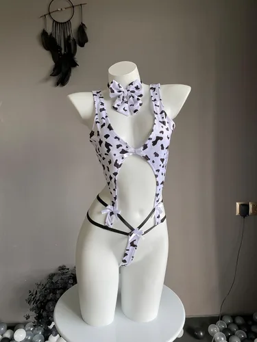 Vista 6 de SINMIUANIME Conjunto de lencería sexy de bikini de vaca de anime para mujer, diseño de leopardo y leche, ropa