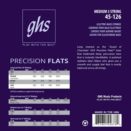 Vista 2 de GHS Strings, Bajos de precisión de 5 cuerdas, de acero inoxidable, bobinado de 37.25 pulgadas, mediano (45-126) (M3050-5)