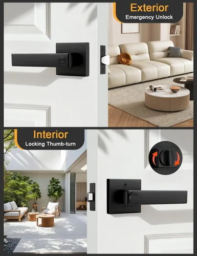 Vista 3 de Gobrico 1 paquete de manijas cuadradas de privacidad para puerta en acabado negro mate, manijas interiores sin llave, reversibles para puertas