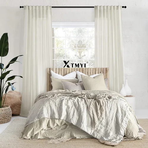 Vista 7 de XTMYI - Cortinas transparentes de 54 pulgadas de largo, juego de 2 paneles para baño, cortinas cortas de lino y algodón con semi privacidad