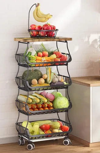 Vista 6 de Cestas de almacenamiento de cocina de 5 niveles con ruedas, cestas de metal para frutas y verduras, carrito de almacenamiento para despensa, carrito