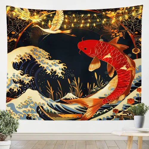 Vista 6 de Erosebridal Arte de pared de dragón oriental para colgar en la pared, estilo japonés, montaña, mar, océano, decoración de pared, tapiz impreso