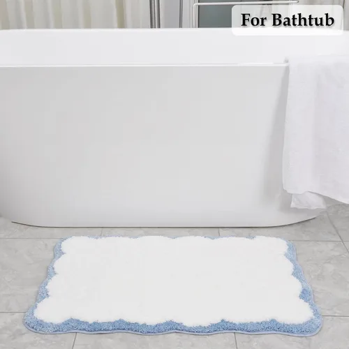 Vista 2 de Bonitos tapetes de baño festoneados, antideslizantes, lavables a máquina, suaves, para ducha, bañera, cocina, 24 x 17 pulgadas, color azul