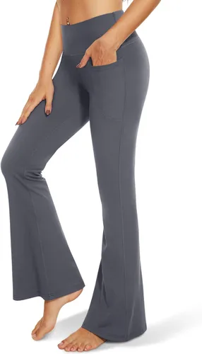 Vista 131 de TNNZEET Leggings acampanados negros para mujer, pantalones de yoga cruzados con bolsillos, corte de bota, leggings acampanados