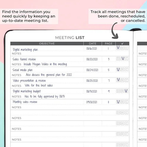 Vista 4 de Clever Fox Cuaderno de reuniones - Organizador de trabajo y negocios con notas y artículos de acción - Bloc de notas para gestión de proyectos