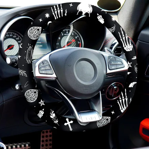 Vista 6 de Juego de 4 piezas de accesorios para auto con estampado de lunas negras y estrellas blancas, funda para volante con estampado de lunas negras