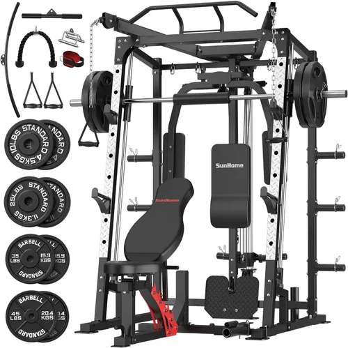 Vista 12 de SunHome Smith Machine, soporte para sentadillas Power Cage con barra Smith, sistemas de tracción LAT, máquina cruzada de cables y accesorio de cable