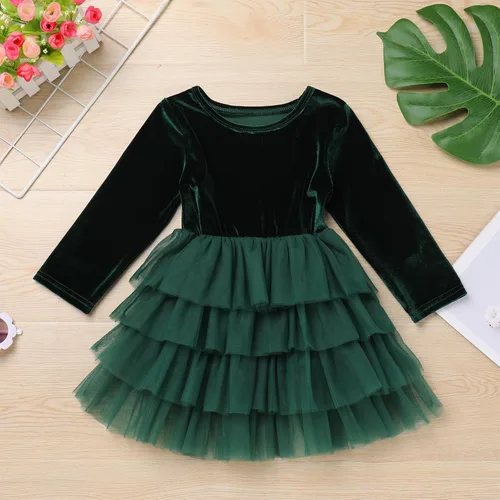 Vista 3 de Vestido de terciopelo de Navidad para niñas pequeñas, vestido de tul con volantes, vestido de fiesta, otoño, invierno, boda, Navidad, vacaciones