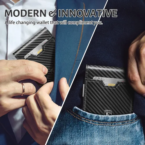 Vista 6 de GSOIAX Billetera delgada para hombre con clip para dinero, bloqueo RFID, minimalista, de piel auténtica, de fibra de carbono, 11 ranuras