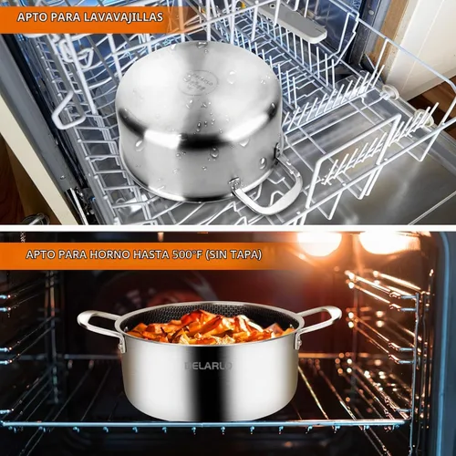 Vista 5 de DELARLO Olla de acero inoxidable de tres capas, ollas antiadherentes de 5 cuartos, listas para inducción, ollas de cocina con tapas, olla apta