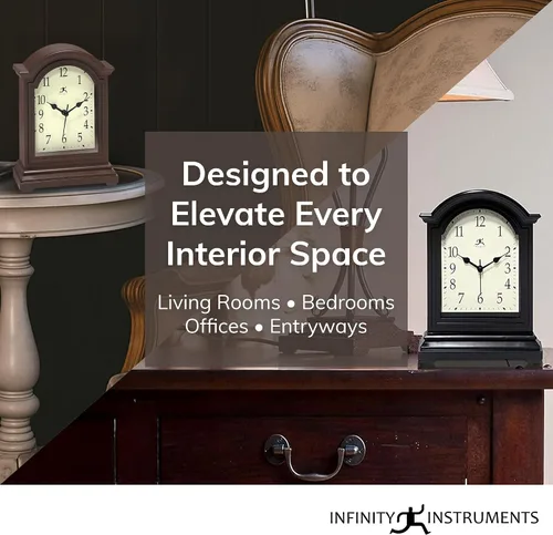 Vista 3 de Infinity Instruments Reloj de abuelo en miniatura para repisa de chimenea, reloj de mesa vintage con diseño antiguo, 9" x 6", negro Reloj