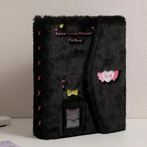 Vista 2 de Carpeta A5 Kpop - Álbum de fotos de felpa con 20 fundas interiores de 3 pulgadas para álbum de fotos en hojas sueltas, rellenable, 6 anillos, Negro