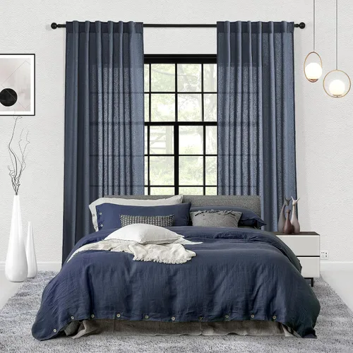Vista 6 de Cortinas con pestaña trasera de 84 pulgadas de largo, mezcla de lino, juego de 2 paneles, cortinas azul oscuro extra anchas para patio, pasillo