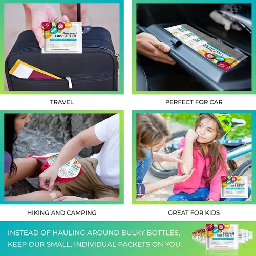 Vista 4 de Kit médico de emergencia de primeros auxilios mini y tamaño de viaje, paquete de 10 Ideal para niños, escuelas, negocios, senderismo, camping