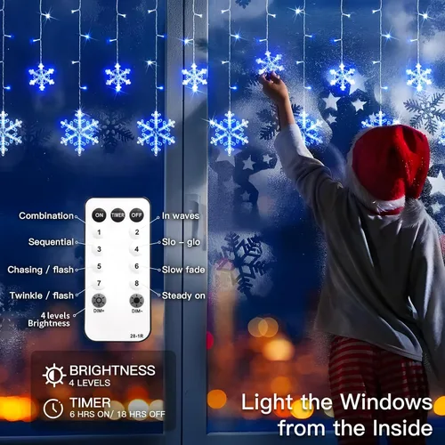 Vista 3 de suddus Luces de Carámbano de Copo de Nieve para Exteriores, 10.7 pies, 168 Luces LED de Cadena Navideñas Conectables Enchufables con 14 Tiras Azul