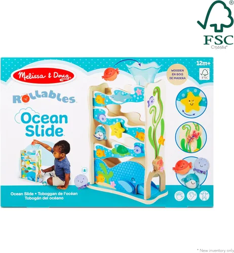 Vista 6 de Melissa & Doug Rollables Ocean Slide - Juguete de caída de pelotas de madera para bebé, 5 piezas de juguetes para bebés con temática oceánica