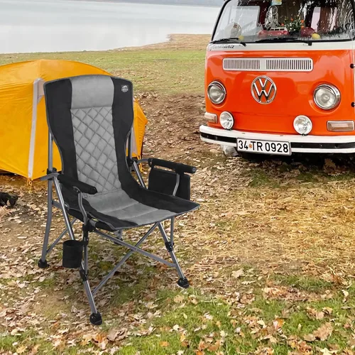 Vista 2 de Silla de camping plegable acolchada con reposabrazos duro, soporte para tazas, resistente para adultos, respaldo acolchado, silla de campamento