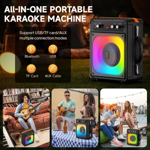 Vista 7 de HWWR Máquina de karaoke, altavoz Bluetooth portátil con 2 micrófonos inalámbricos para adultos y niños, máquina de cantar para fiestas y reuniones