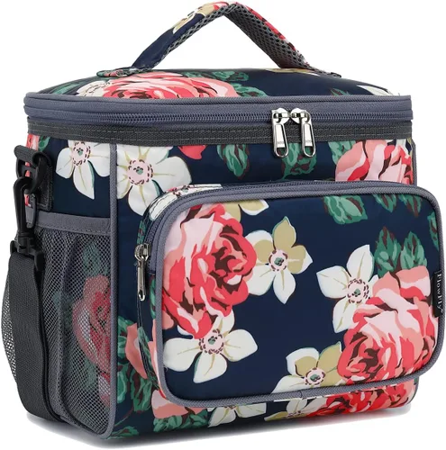 Vista 21 de FlowFly - Lonchera reutilizable con aislante para adultos, grande, para mujeres y hombres, con correa ajustable para el hombro, bolsillo frontal