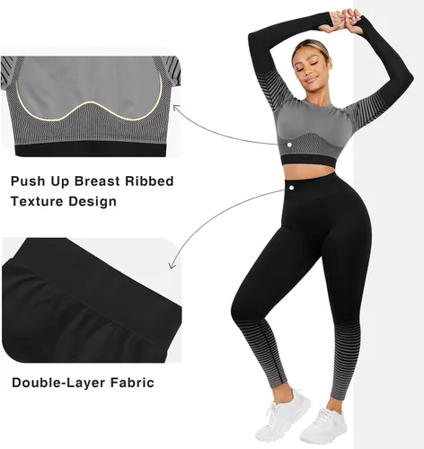 Vista 3 de FeelinGirl Conjuntos de entrenamiento para mujer, 2 piezas, manga larga, trajes de yoga, gimnasio, sin costuras, acanalados, cintura alta, leggings